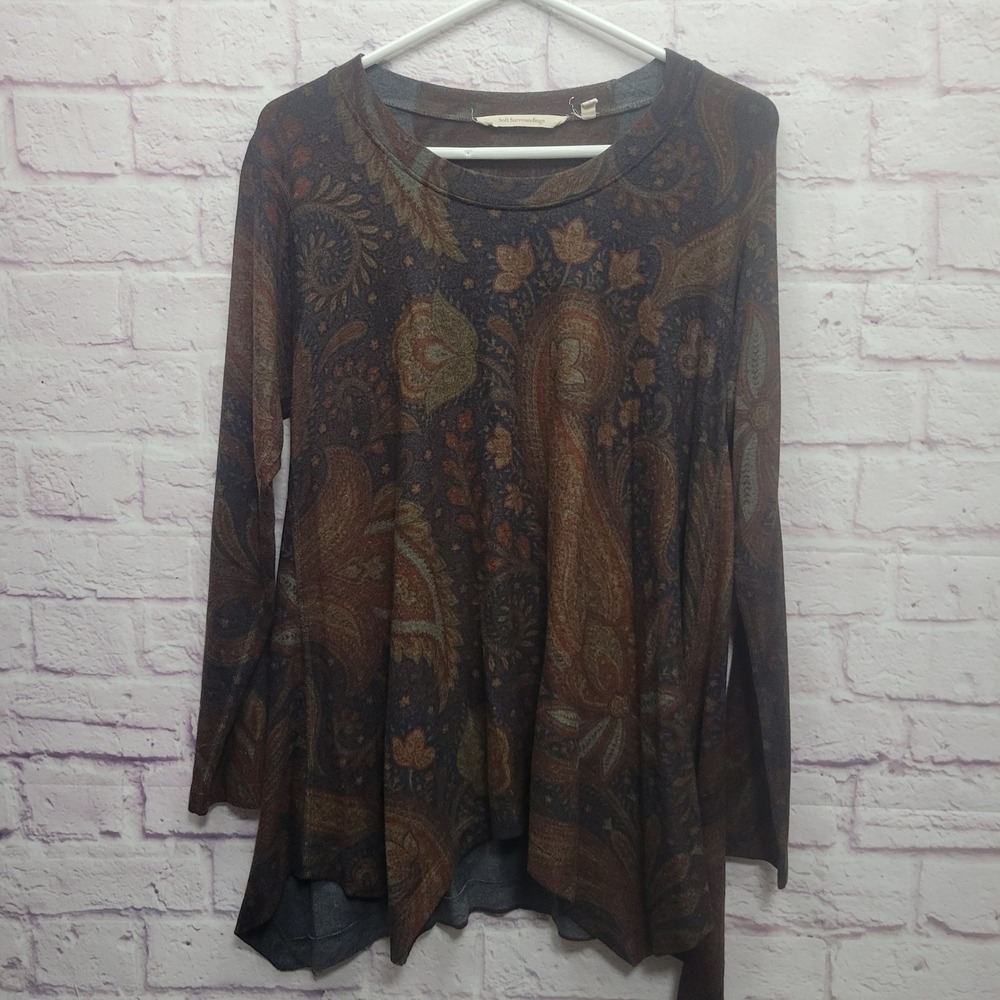 Soft Surroundings Paisley Knit Tunic Top Womens PM Cozy Boho Casual Brown Lounge